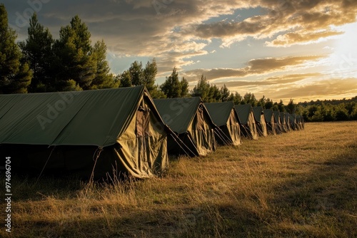 Military tent camp at an army training center during a tranquil afternoon