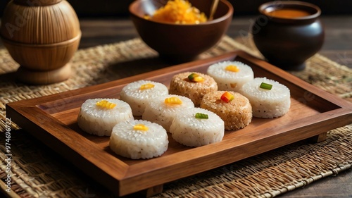 leonardo kino xl nilupak filipino kakanin traditional rice cak served aesthetically in a wooden plate and table photo