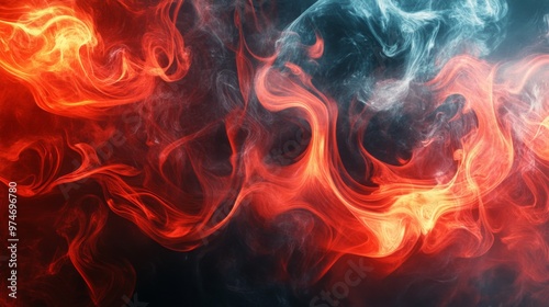 The black backdrop of vape smoke highlights dense multicolored smoke in red, blue, and white tones.