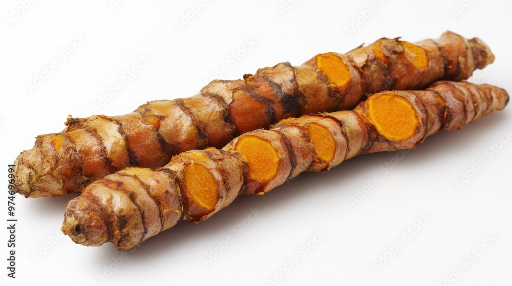 Fresh turmeric roots cut to showcase their vibrant orange interior. Fresh turmeric roots cut to showcase their vibrant orange interior.