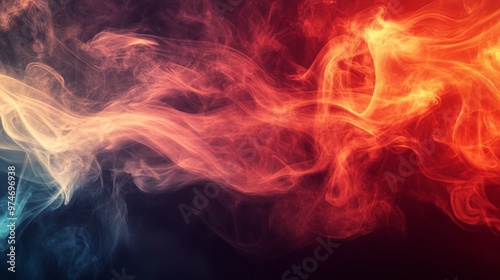 Dense multicolored smoke of orang, blue and white colors fire on a black Background of smoke vape