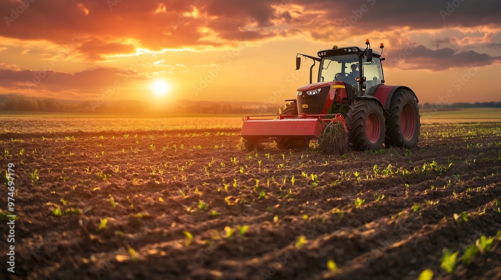 Farmer in tractor working on field at sunset : Generative AI Farmer in tractor working on field at sunset : Generative AI