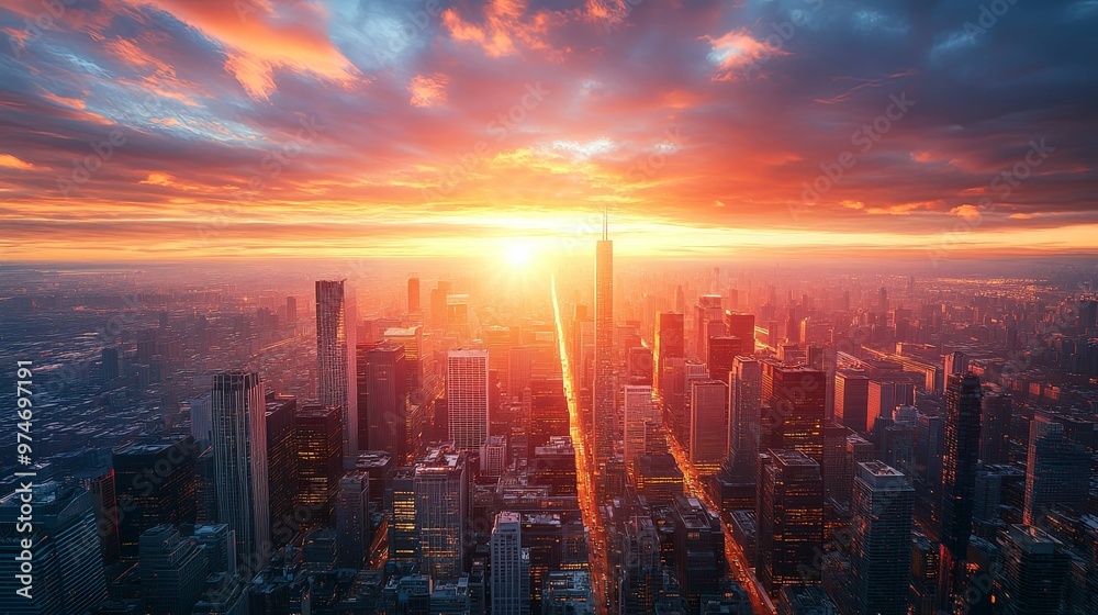 Fototapeta premium A City Skyline Bathed in the Glow of a Dramatic Sunset