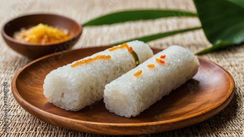 leonardo kino xl suman filipino kakanin traditional rice cakes served aesthetically in a wooden plate and table photo