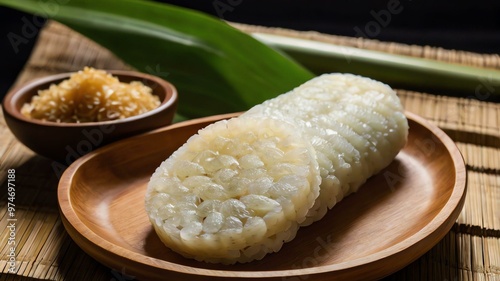 leonardo kino xl suman moron filipino kakanin traditional rice served aesthetically in a wooden plate and table photo