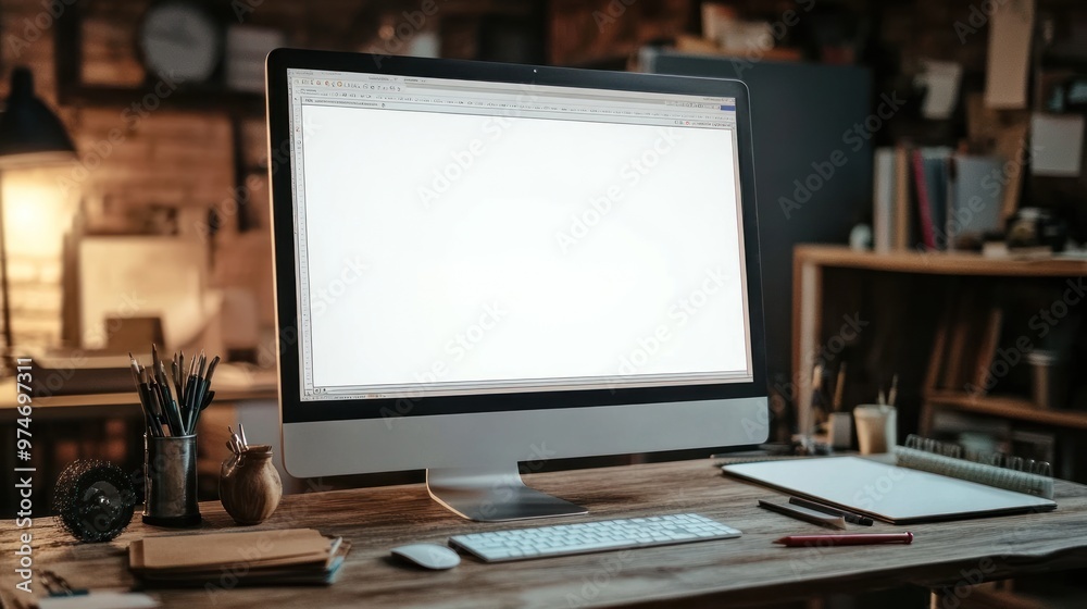 A modern workspace featuring a computer, stationery, and a blank document. A modern workspace featuring a computer, stationery, and a blank document.