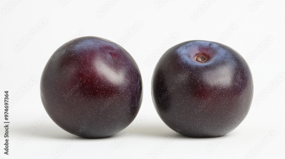 Two ripe plums on a white background, showcasing their smooth, shiny skin. Two ripe plums on a white background, showcasing their smooth, shiny skin.