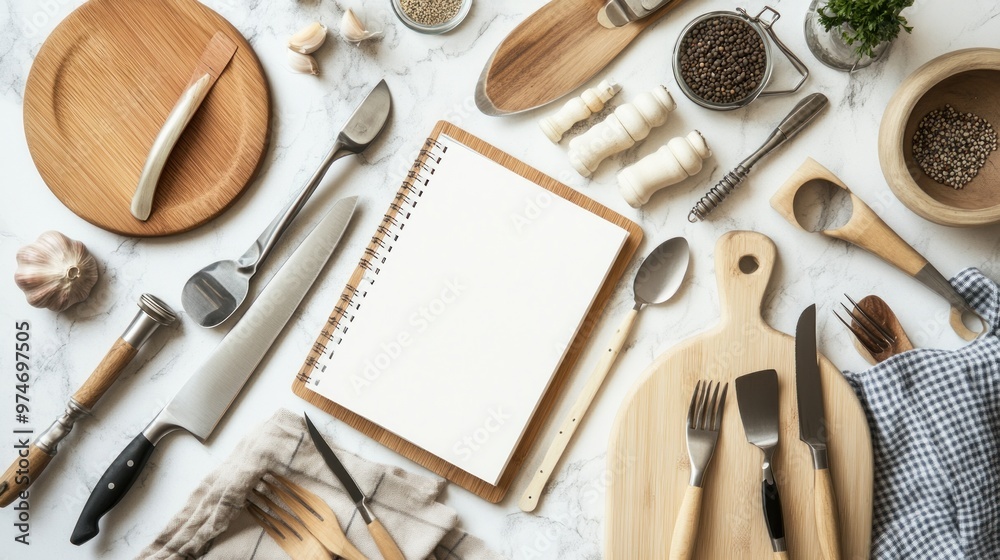 A collection of kitchen utensils and a blank notebook on a marble surface for recipe planning. A collection of kitchen utensils and a blank notebook on a marble surface for recipe planning.