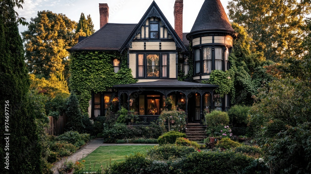 A charming Victorian-style house enveloped in greenery, surrounded by a lush garden. A charming Victorian-style house enveloped in greenery, surrounded by a lush garden.