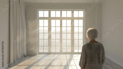 A woman is sitting in a room with a large window