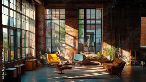 A cozy, sunlit industrial living space with vintage furniture and large windows.