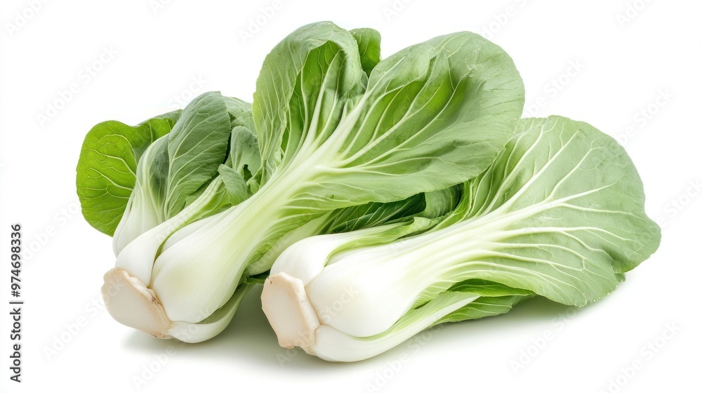 Two fresh bok choy vegetables with vibrant green leaves and white stems. Two fresh bok choy vegetables with vibrant green leaves and white stems.