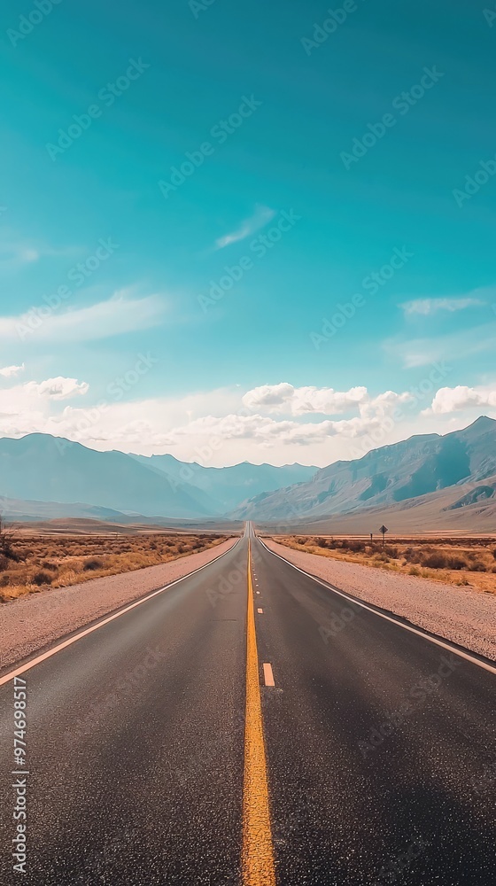 A Deserted Highway Stretching Towards the Horizon, Under a Vast Blue Sky, a Promise of Endless Journey Awaits.