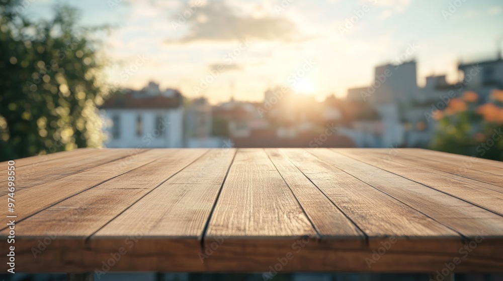 A wooden table in the foreground with a sunset view over a cityscape in the background. A wooden table in the foreground with a sunset view over a cityscape in the background.