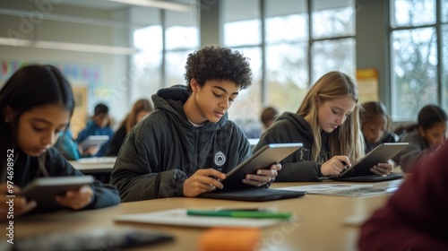 Students engaged in learning with tablets in a classroom setting.