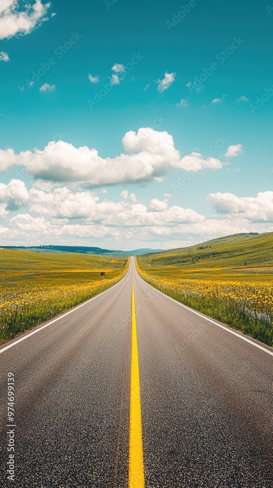 A Long, Straight Highway Cutting Through a Field of Yellow Flowers Under a Blue Sky A Long, Straight Highway Cutting Through a Field of Yellow Flowers Under a Blue Sky