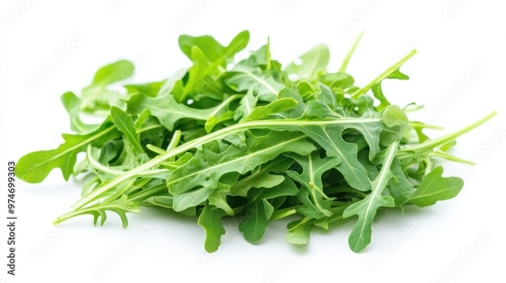 Fresh arugula leaves arranged on a white background, ideal for salads and garnishes. Fresh arugula leaves arranged on a white background, ideal for salads and garnishes.