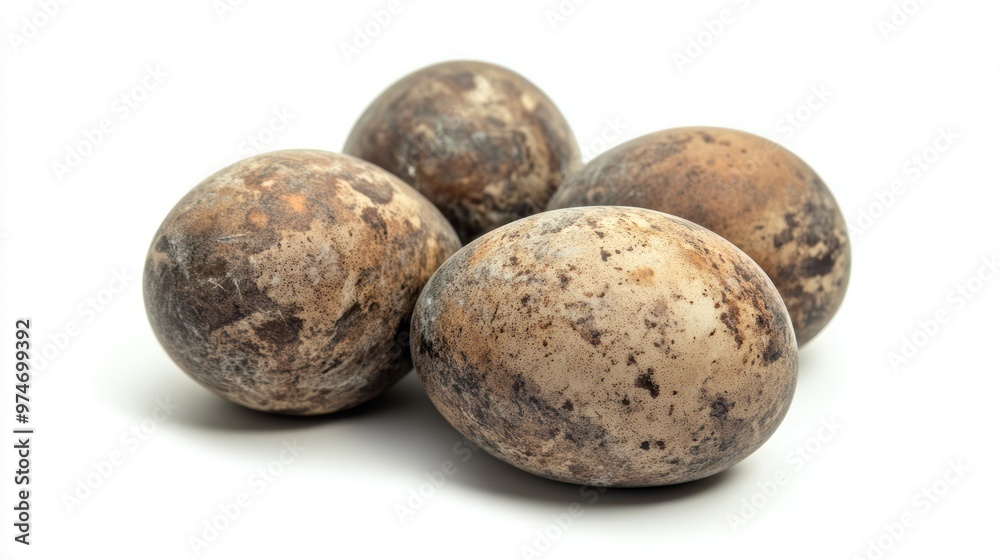 A cluster of four mottled eggs resting on a white background. A cluster of four mottled eggs resting on a white background.