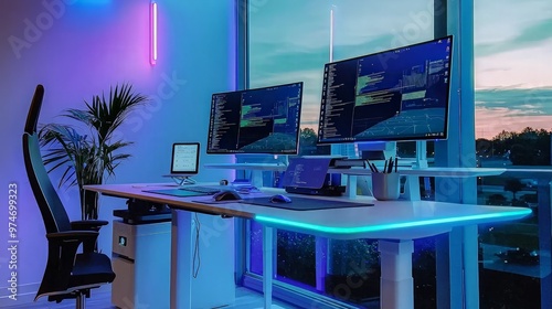 Modern Workstation with Blue and Purple Neon Lights photo