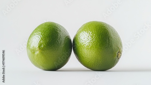 Two fresh green limes placed side by side on a light background. photo