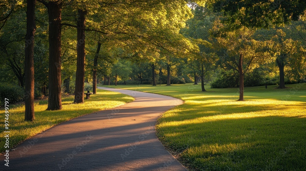 A winding path through a serene park, surrounded by lush greenery and warm sunlight. A winding path through a serene park, surrounded by lush greenery and warm sunlight.