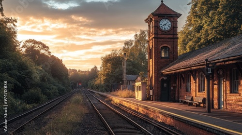 A serene train station at sunset, featuring a clock tower and empty tracks. photo