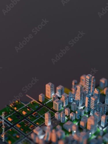 Modern, clean city in the evening. Digital 3D render.