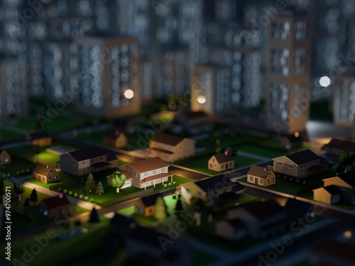 Modern, clean residential neighborhood in the evening. Digital 3D render.