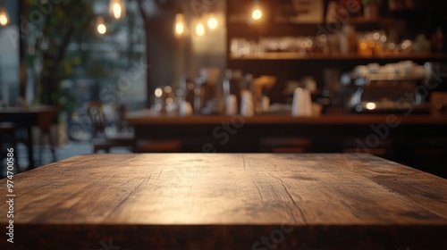 A rustic wooden table in a cozy café setting with warm lighting and a blurred background.