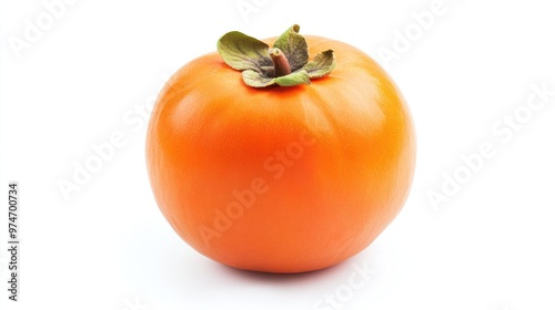 A ripe orange persimmon with green leaves on a white background.