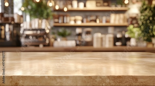 A blurred café interior with a smooth countertop and warm lighting.