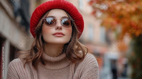 Plus size fashion model wearing simple sweater red beret and chic sunglasses posing in the old city street in autumn Stylish fall clothing for beautiful and happy overweight woman : Generative AI photo