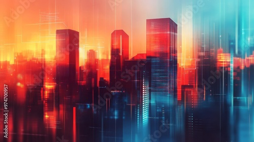 Vibrant abstract technology background with blurred cityscape and geometric shapes for design