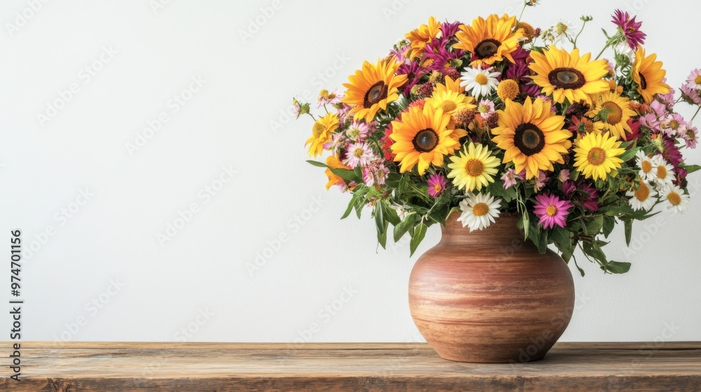 A rustic wooden table with a large ceramic vase filled with a colorful assortment of sunflowers and daisies, set against a white background for a warm, inviting look. A rustic wooden table with a large ceramic vase filled with a colorful assortment of sunflowers and daisies, set against a white background for a warm, inviting look.