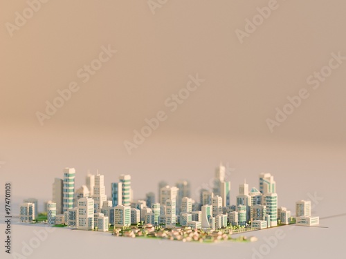Clean, modern city skyline with ample negative space. Digital 3D render.