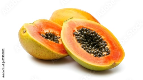 Sliced papaya showcasing vibrant orange flesh and black seeds.