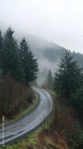 A Winding Road Disappears into a Misty Pine Forest, a Serene and Ethereal Landscape