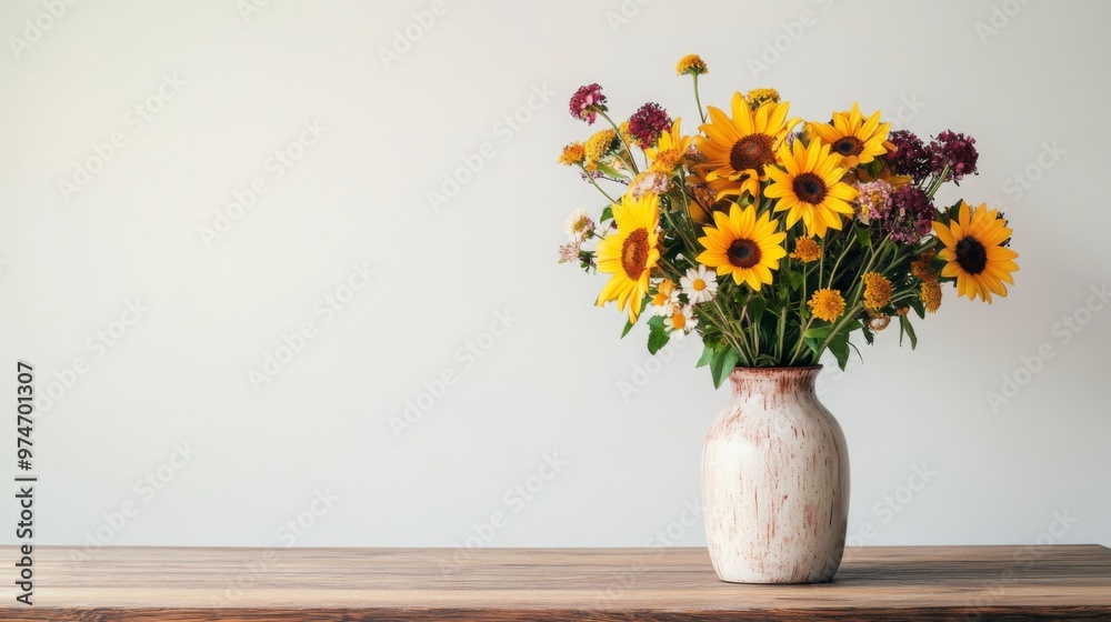A rustic wooden table with a large ceramic vase filled with a colorful assortment of sunflowers and daisies, set against a white background for a warm, inviting look. A rustic wooden table with a large ceramic vase filled with a colorful assortment of sunflowers and daisies, set against a white background for a warm, inviting look.