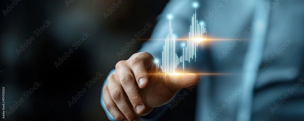 Businessman Touching Digital Growth Chart Icon on Virtual Interface for Business Strategy Businessman Touching Digital Growth Chart Icon on Virtual Interface for Business Strategy