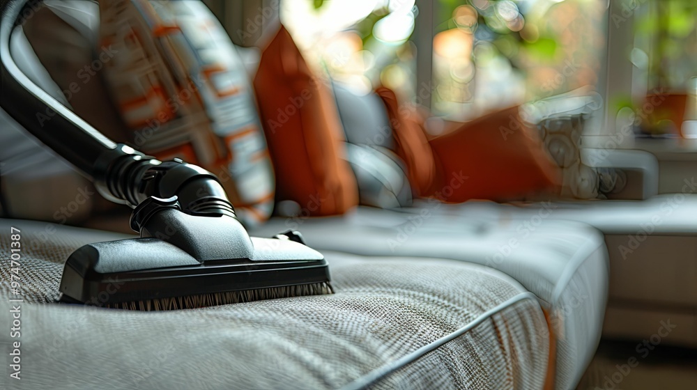 Close-up of a Vacuum Cleaner Head on a Fabric Couch Close-up of a Vacuum Cleaner Head on a Fabric Couch