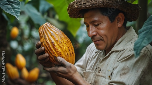 Farmer examines the cocoa fruit for evaluation : Generative AI photo