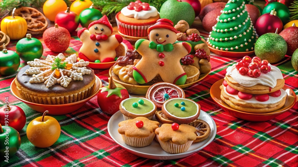 Vibrant holiday spread features an array of sweet treats, including sugar cookies, gingerbread men, fruit tarts, and colorful cupcakes, on a festive red and green tablecloth. Vibrant holiday spread features an array of sweet treats, including sugar cookies, gingerbread men, fruit tarts, and colorful cupcakes, on a festive red and green tablecloth.