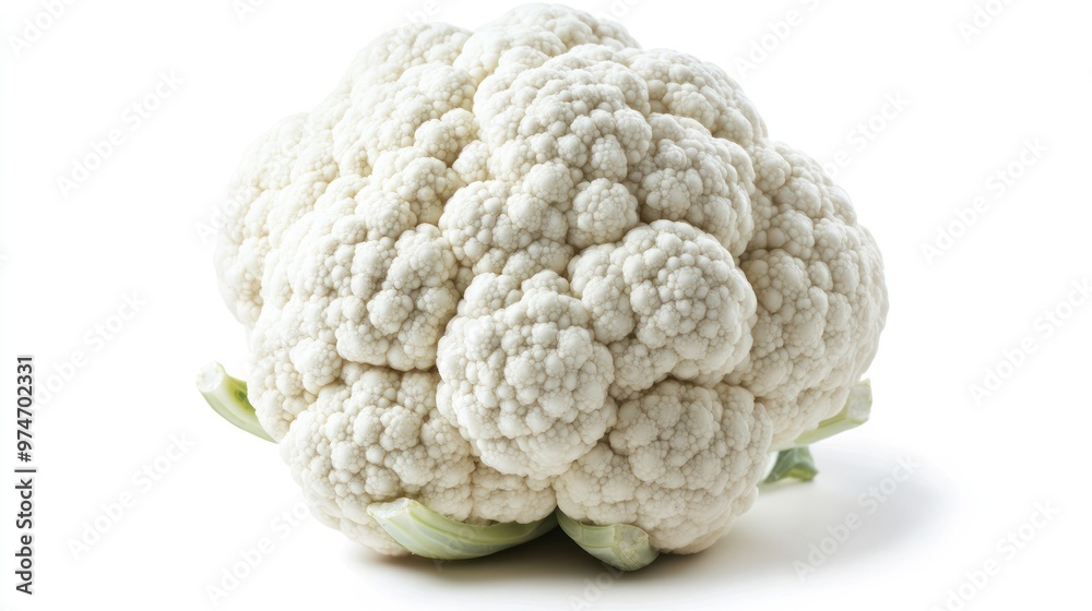 A fresh cauliflower head displayed against a white background. A fresh cauliflower head displayed against a white background.