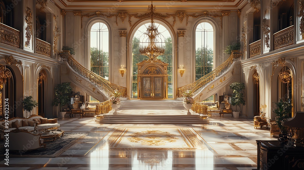 Luxurious interior of a grand palace showcasing elegant stairs, marble floors, and exquisite decor bathed in natural light.