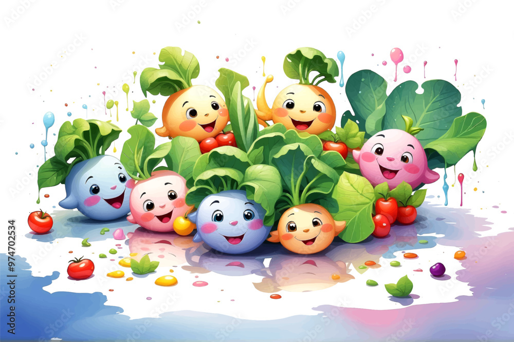 Naklejka premium Cute set of vegetables cartoon, isolated on white background, Vector Illustration Of Food Concept Design. watercolor style