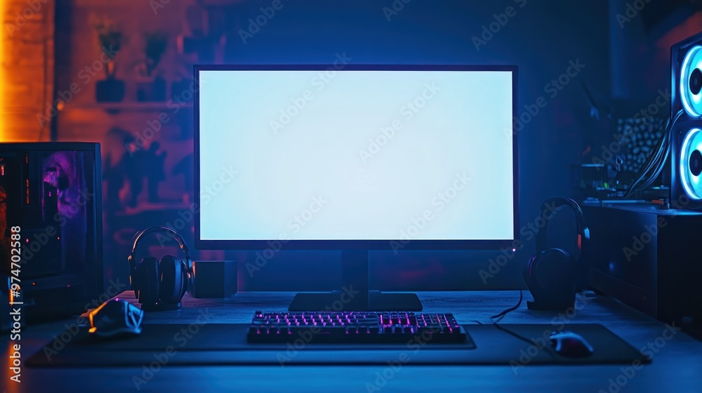 A modern gaming setup featuring a monitor, keyboard, mouse, and headphones in a dimly lit room. A modern gaming setup featuring a monitor, keyboard, mouse, and headphones in a dimly lit room.