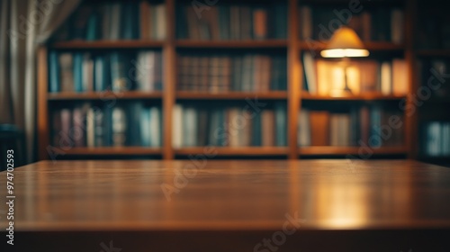 A wooden table in a cozy library with bookshelves and a lamp in the background.