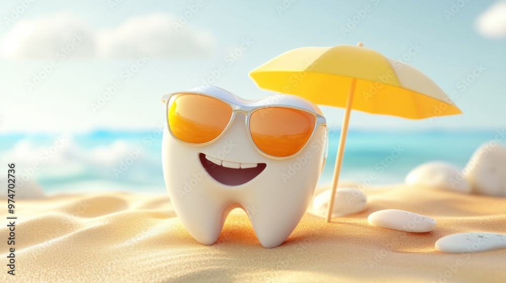 A 3D cute tooth wearing sunglasses and relaxing on a sunny beach, with a tiny umbrella A 3D cute tooth wearing sunglasses and relaxing on a sunny beach, with a tiny umbrella