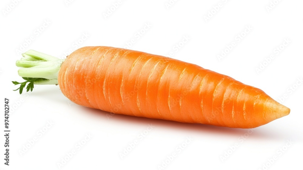 A fresh orange carrot with green leaves, showcasing its vibrant color and natural shape. A fresh orange carrot with green leaves, showcasing its vibrant color and natural shape.