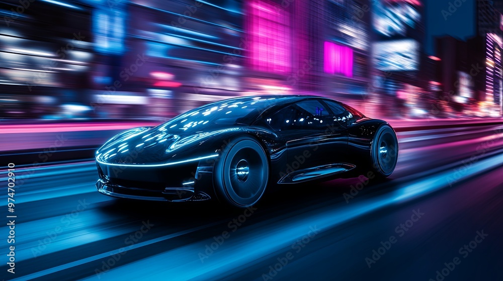 Naklejka premium A sleek, futuristic car speeds through a vibrant cityscape, illuminated by neon lights.